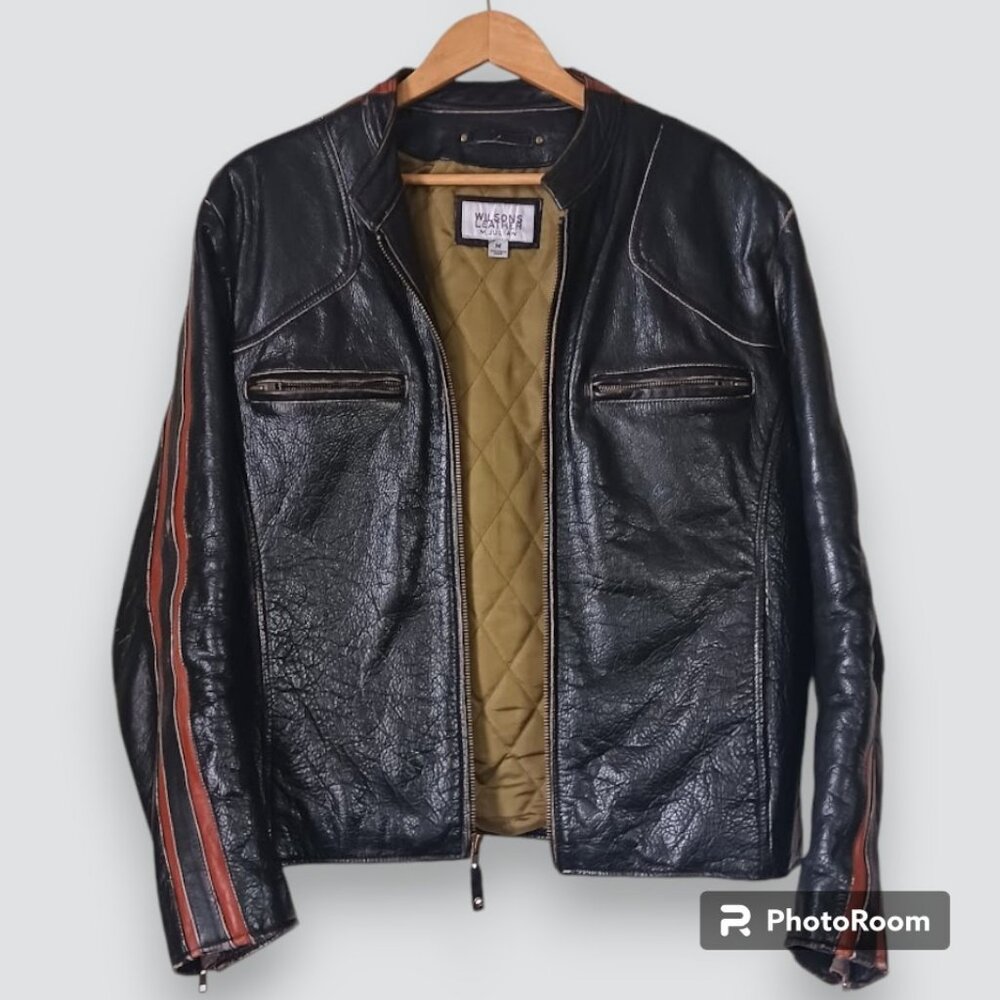 Genuine Leather Cafe Racer Moto Jacket Black Red Green Biker Stripe Grunge Med